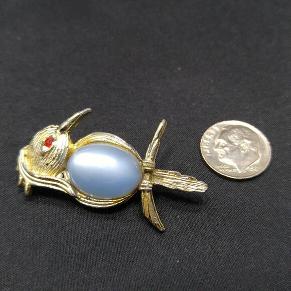 Vintage moonglow bird - Gem Vintage Bird Blue Moonglow Lucite Belly Brooch, Red Rhinestone Eyes Mid-Century